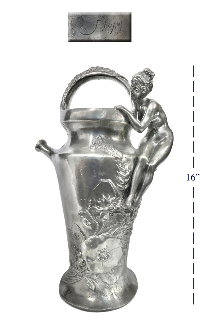LARGE FRENCH FIGURAL SILVER-PLATE VASE BY JULES JOUANT: LARGE ART NOUVEAU FIGURAL SILVER-PLATE VASE BY JULES JOUANT. Jules Jouant (1863 - 1921, Paris, France) was a French sculptor. H 16"