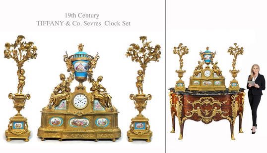 Monumental TIFFANY & Co Serves Figural Bronze Clock Set: A Monumental 19th C. TIFFANY & Co. Serves Hand painted Porcelain & Figural bronze Clock Set. NOTE: The base (table) is NOT included! candelabras: H 44", Clock: H 43" x 36" x 11"