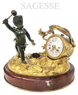 19th C. SAGESSE Patinated/Gilt Bronze Inkwell clock: 19th C. French patinated and gilt bronze inkwell clock By SAGESSE. 7" x 4.5" x H 6"