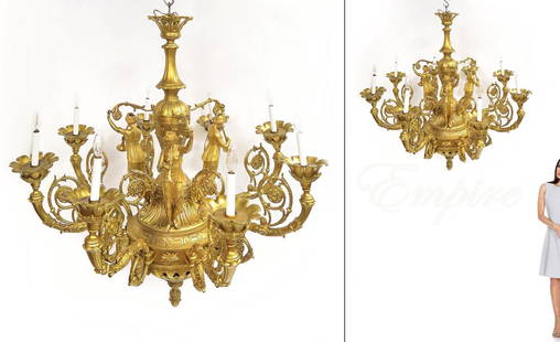 A Rare Large Figural gilt bronze Empire Chandelier: A Rare Large Figural gilt bronze Empire Chandelier. W 43" x H 41"