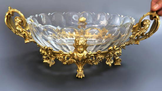 19th C. French Figural Bronze & Baccarat Centerpiece: 19th C. French Figural Bronze & Baccarat Crystal Centerpiece. H 7" x 11.1/2" x 19.1/2"