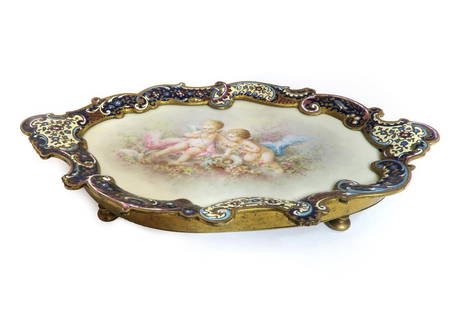 Fine Champleve Enamel Bronze Sevres Tray, CARLE Signed: 19th C. French Champleve Enamel Bronze Sevres tray Signed By CARLE. 11" x 6.5"