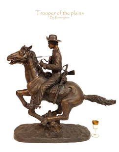 Trooper of the plains, A Large Remington Bronze Statue: Large Bronze Statue (trooper of the plains) signed Remington. H 24" x L 22" x D 9"