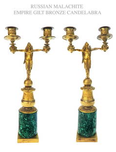 Pair of Russian Malachite & Bronze Figural Candelabras: A Fine Pair of Russian Malachite and Bronze Figural Candelabras, 19th Century. H 15.1/2"