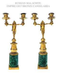 Pair of Russian Malachite & Bronze Figural Candelabras: A Fine Pair of Russian Malachite and Bronze Figural Candelabras, 19th Century. H 15.1/2"