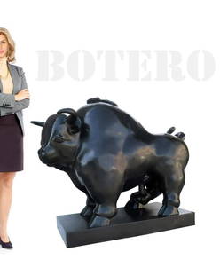 A Monumental BOTERO Fighting Bull Bronze Sculpture: Monumental FERNANDO BOTERO Fighting Bull Bronze Sculpture, Signed & Numbered (3/6). 50" x 25" x H 42"