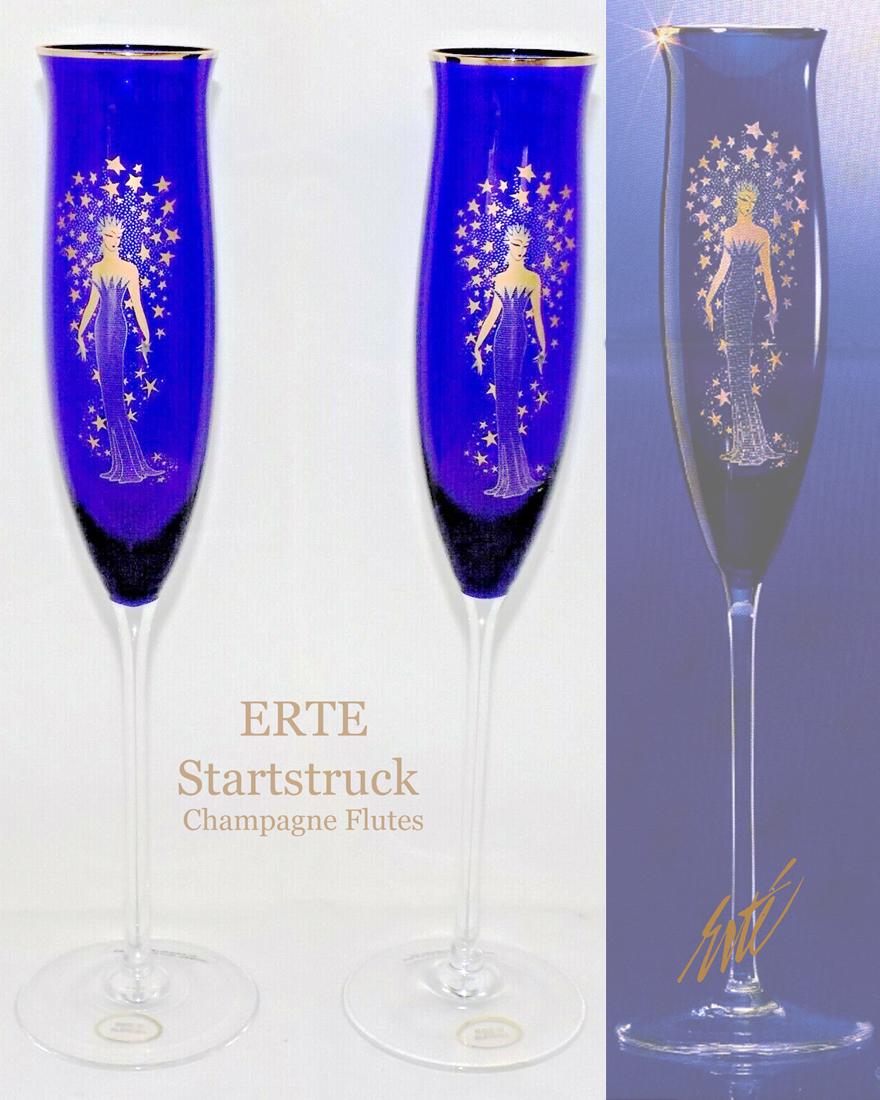 Starstruck, A Pair of ERTE Cobalt Blue Champagne Flutes: Starstruck, A Pair of Vintage Original ERTE (Romain de Tirtoff, 1892 - 1990) Cobalt Blue Champagne Flutes, Limited Edition. Under License of sevenarts Ltd. (official ERTE company). Excellent condition