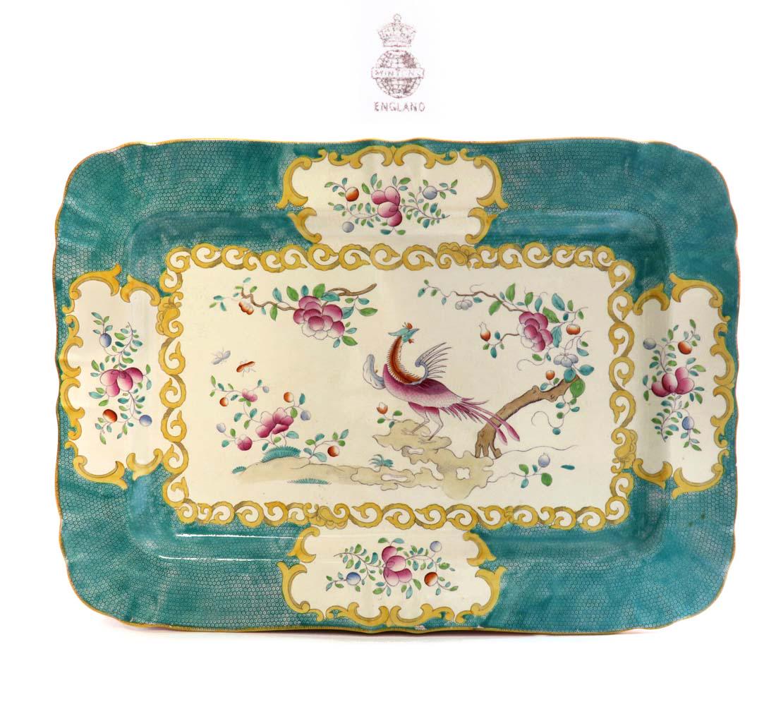 A Large Edwardian Phoenix & Floral Minton's Tray: Large English Edwardian phoenix and floral Minton's tray. 20" x 14.5"