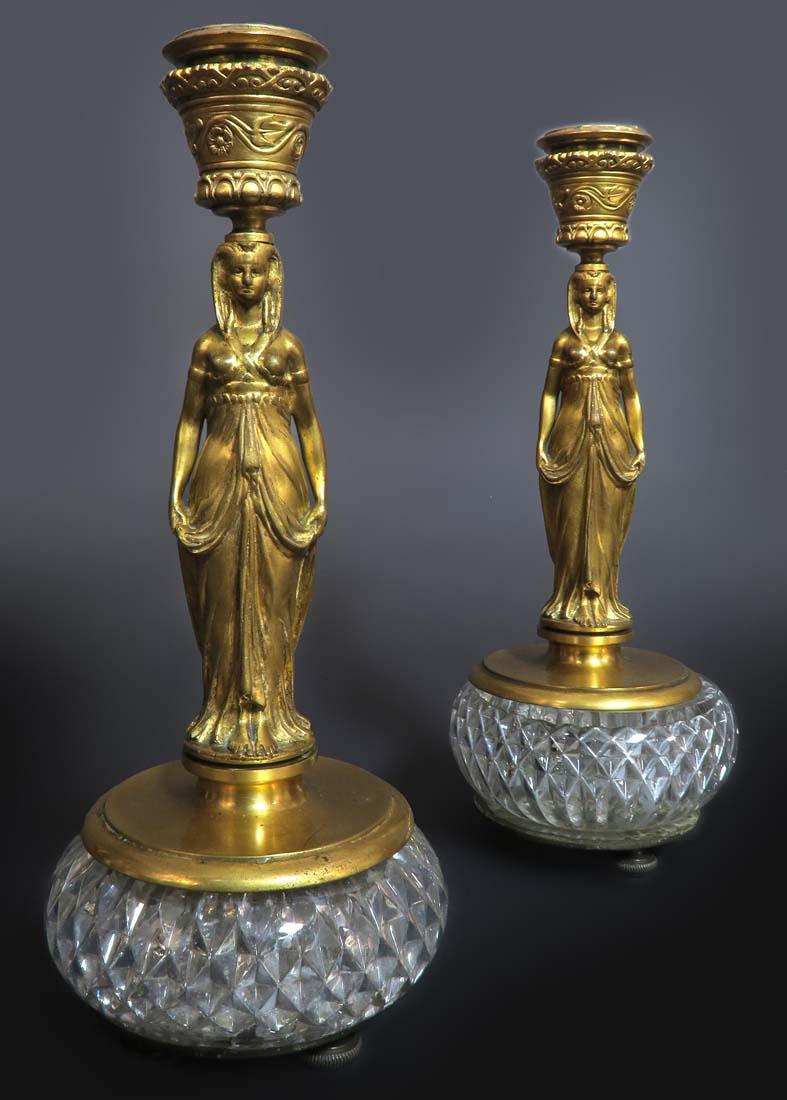 French Empire Gilt Figural Bronze/Baccarat Candlesticks (1 of 2)