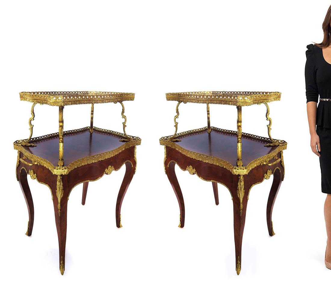 Pair of 19th C. French Bronze Mounted Tea Tables: Pair of 19th C. French Bronze Mounted Tea Tables. H 39" x 29" x 18"
