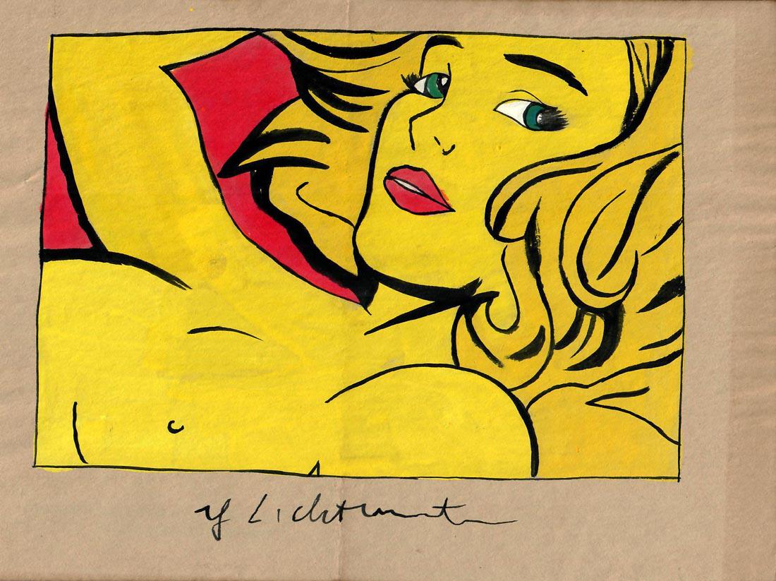 Nude Girl, Roy Lichtenstein Signed Drawing Print on Old Paper, Stamped: Nude Girl, Roy Lichtenstein Signed Drawing on Old Paper, Styria Studio, New York, 1973, Printed & Stamped. 8.26" x 11.81"