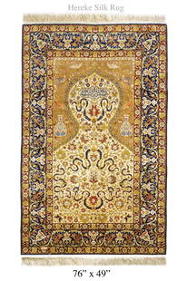 A Large Turkish Hereke Prayer Silk Rug: A Large Turkish Hereke Prayer Silk Rug. 76" x 49"