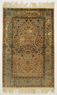 A Large Turkish Hereke Silk Prayer Rug: Large Turkish Hereke Silk Prayer Rug. 64" x 39.5"
