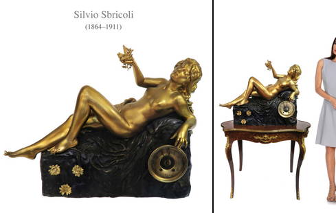 A Large Art Nouveau French Orientalist Bronze Clock: Large Art Nouveau French Orientalist Bronze Clock By Silvio Sbricoli, Circa 1900. 33" x 10" x H 26". NOTE: The base (table) is NOT included! About Artist: Silvio Sbricoli (1864 - 1911) was an Italian