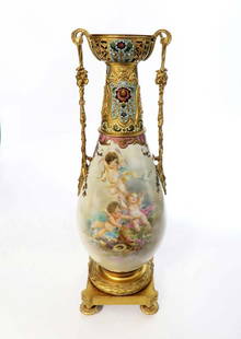 19th C. French Bronze Mounted Champleve Sevres Vase: 19th C. French Champleve Ormolu and Sevres Porcelain Vase. H 20.5" x W 6.5"