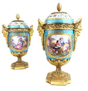 A Pair of French Sevres Porcelain & Bronze Vases: A Pair of French Sevres Porcelain & Bronze Vases. H 11" x W 6"