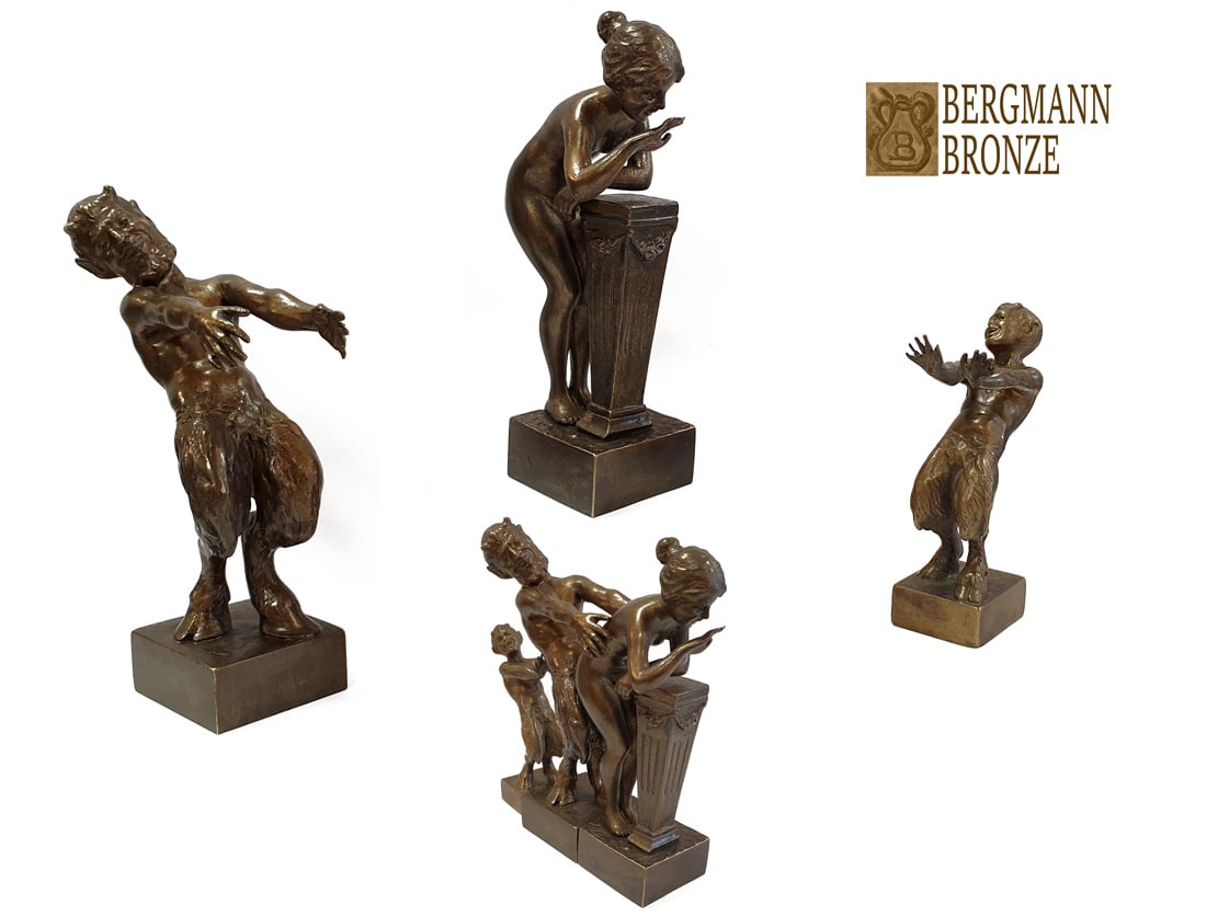 Temptation, Franz Bergman Signed Bronze Figurine Group: Temptation, Very Rare Original Franz Xaver Bergmann Bronze Erotic Figurine Group, Austrian Bergman Hallmarked. Satyr: H 4.1/4", Devil: 2.3/4", Woman: H 4.1/4". About Artist: Franz Xaver Bergmann (or F