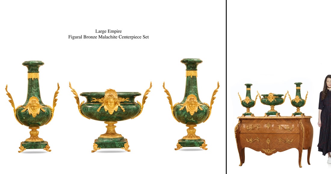 A Large Empire Figural Bronze Malachite Centerpiece set (1 of 3)