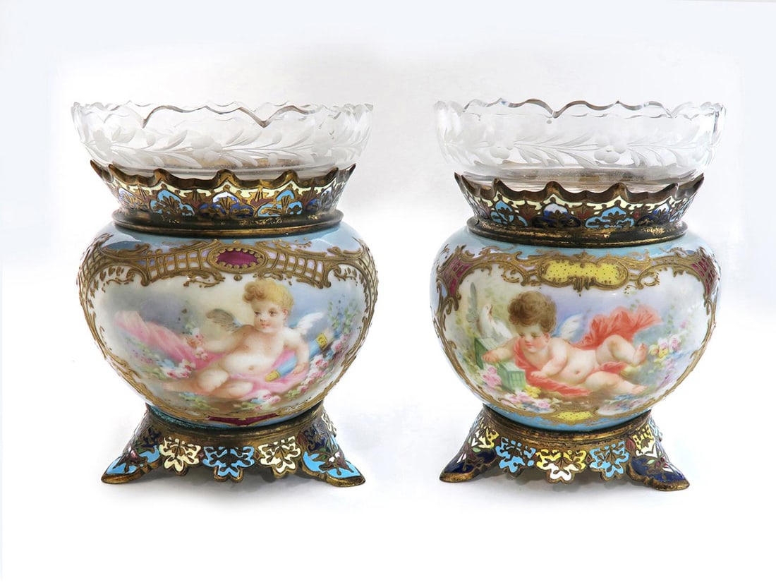 Pair of 19th C. French Champleve Enamel/Porcelain Vases (1 of 6)