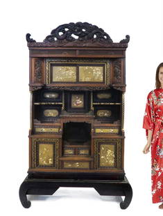 Japanese Black Lacquered Inlaid Shadona Display Cabinet: 19th C. Japanese Black Lacquered Inlaid Shadona Display Curio Cabinet. H 80" x 44" x 15"