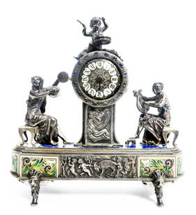 VIENNESE JEWELLED SILVER AND CHAMPLEVE ENAMEL MANTEL CLOCK: AUSTRIAN VIENNESE JEWELLED SILVER AND CHAMPLEVE ENAMEL MANTEL CLOCK. H 8" x 7.25" x 3"