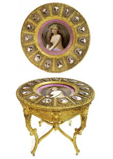 Large Royal Vienna Center Table W/Porcelain Plaques: Gilt-wood Center Table with Porcelain Plaques, Austria, late 19th century, central panel depicting a partly draped beauty, signed "W. Schindler," blue "beehive" mark, ink stamped "Austria," surrounded
