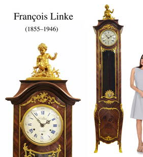 F. Linke, A Large Gilt-Bronze & Kingwood Grand Clock: Francois Linke, A Large and Fine Gilt-Bronze Mounted Kingwood Grand Clock. H 95"