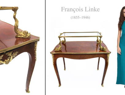 F. LINKE ORMOLU-MOUNTED KINGWOOD & PARQUETRY TEA-TABLE: 19th C. FRENCH ORMOLU-MOUNTED KINGWOOD AND PARQUETRY BRONZE TEA-TABLE BY Francois Linke. H 39" x 24" x 37"