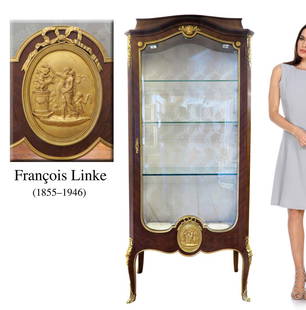 19th C LOUIS XVI-STYLE BRONZE VITRINE BY FRANCOIS LINKE: 19th C. LOUIS XVI-STYLE BRONZE VITRINE CABINET BY FRANCOIS LINKE. H 66" x 14" x 30"