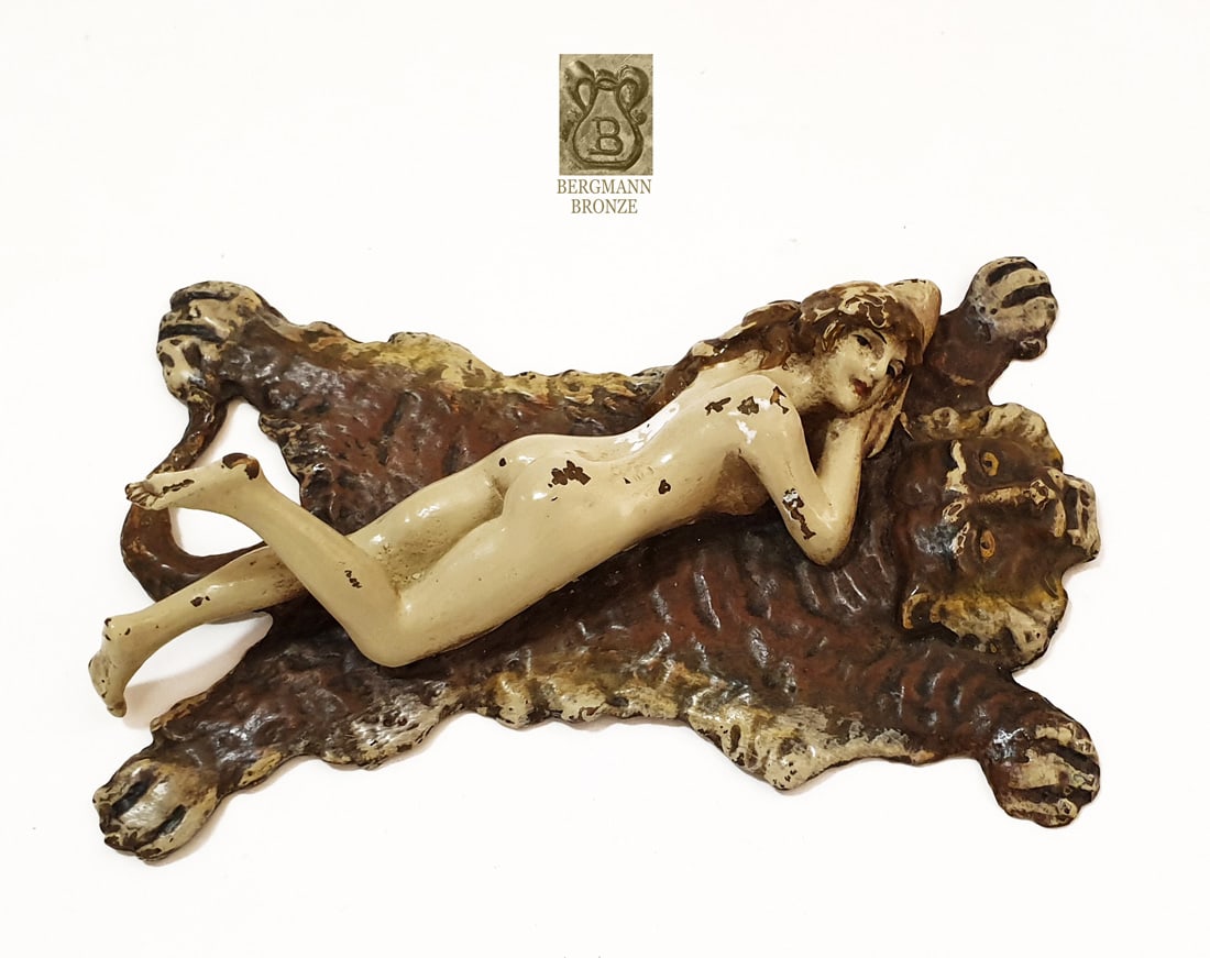 Nude Lady Tiger Rug, Rare Franz Bergman Bronze Figurine: Nude Lady Tiger Rug, Very Rare Original Franz Xaver Bergmann Bronze Erotic Figurine, Austrian Namgreb (Bergman) Hallmarked. H 1" x 3" x 5". About Artist: Franz Xaver Bergmann (or Franz Xaver Bergman) 