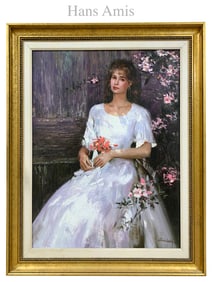 Lady In Flower Garden, An Oil on Canvas Painting Signed By Hans Amis