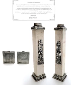 John Hagee Pair of Judaica Jerusalem Stone Candlesticks