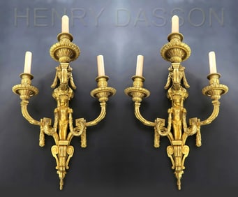 Large Pair of Henry Dasson Bronze Sconces, Signed