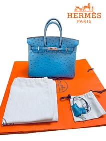 A Hermes Birkin 30 Blue Mykonos Ostrich Leather Bag
