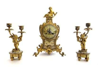 19th C. Judaica Champleve & Bronze Clock Set