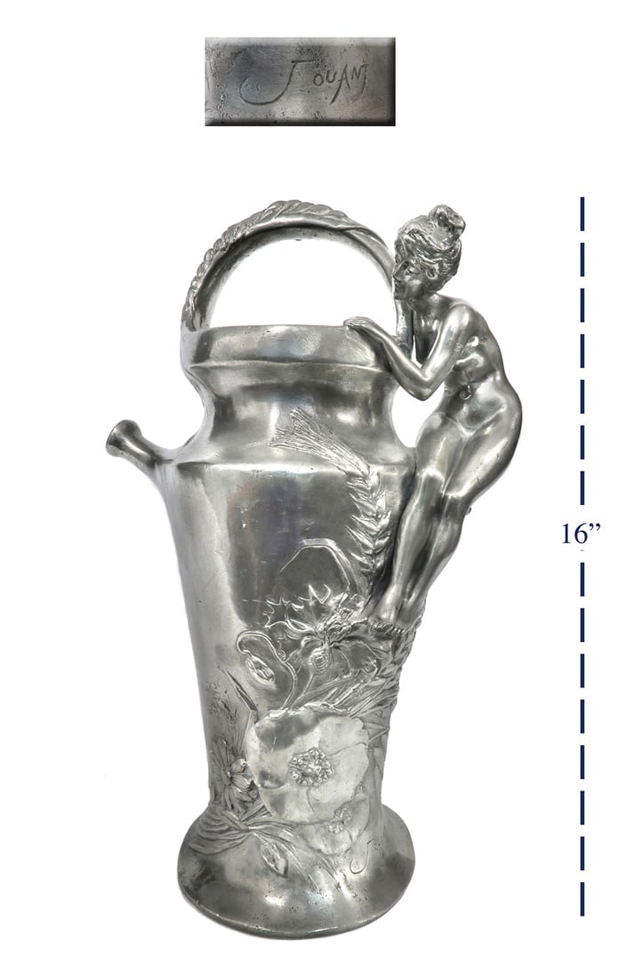 LARGE FRENCH FIGURAL SILVER-PLATE VASE BY JULES JOUANT: LARGE ART NOUVEAU FIGURAL SILVER-PLATE VASE BY JULES JOUANT. Jules Jouant (1863 - 1921, Paris, France) was a French sculptor. H 16"