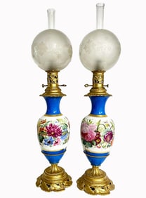 A Pair of French Sevres Hand Painted Porcelain Bronze Light Lamps