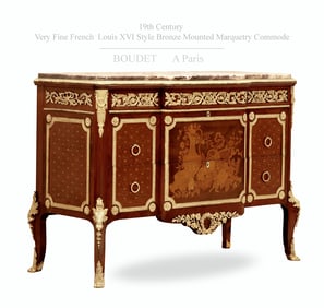 Very fine 19th C French Boudet Louis XVI Style Bronze Marquetry Commode/Cabinet, Signed