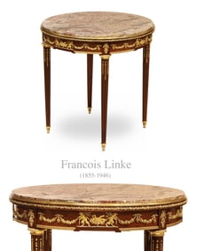 19th C. French F. Linke Louis XVI Style Mahogany Wood Gilt Bronze Marble Top Round Table