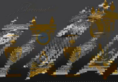 19th C. French Bronze & Baccarat Crystal Clock Set