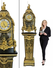 19th C. BRONZE BOULLE FIGURAL CLOCK ON PEDESTAL