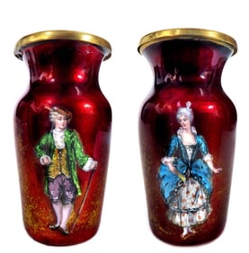 A Pair of 19th C. French Enamel on Copper Vases