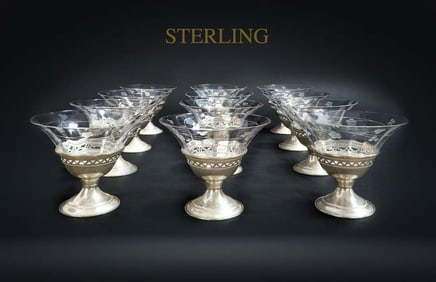 Set of 12 Sterling Silver & Crystal Sherbet Bowls