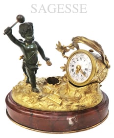 19th C. SAGESSE Patinated/Gilt Bronze Inkwell clock