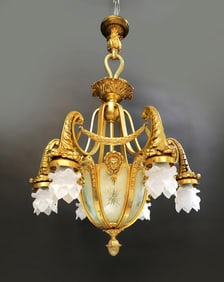 19th C. Figural Bronze & Crystal Chandelier 7-light