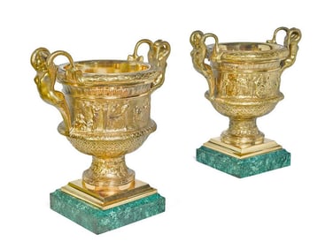 PAIR OF "F. BARBEDIENNE" GILT BRONZE & MALACHITE URNS