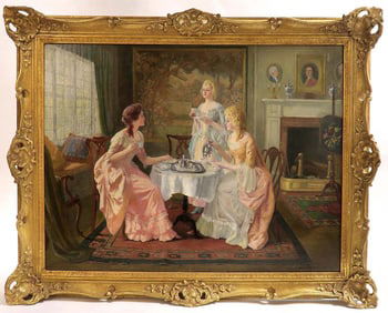 Carl Hirschberg Large Oil on Canvas "Afternoon Tea"