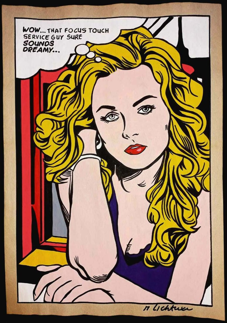 Wow, After Roy Lichtenstein Signed Drawing Print on Old Paper, Stamped (1 of 3)