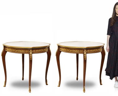 A Pair of French Style Bronze Mounted Top Marble Center Table: A Pair of French Style Bronze Mounted (Top Marble) Center Table. H 30" x W 32"