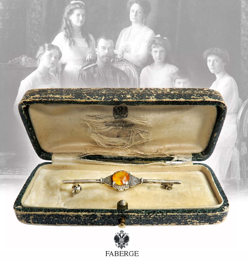 19th C. Russian Faberge Citrine Brooch In Original Box (1 of 5)